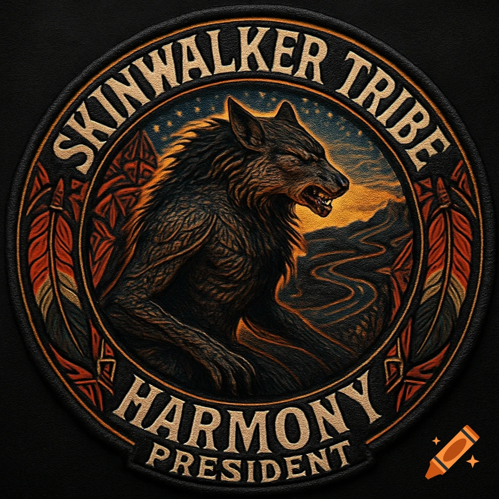 Round embroidered patch with a fierce wolf-like creature, starry sky, mountains, and feathers. Text: SKINWALKER TRIBE HARMONY PRESIDENT.