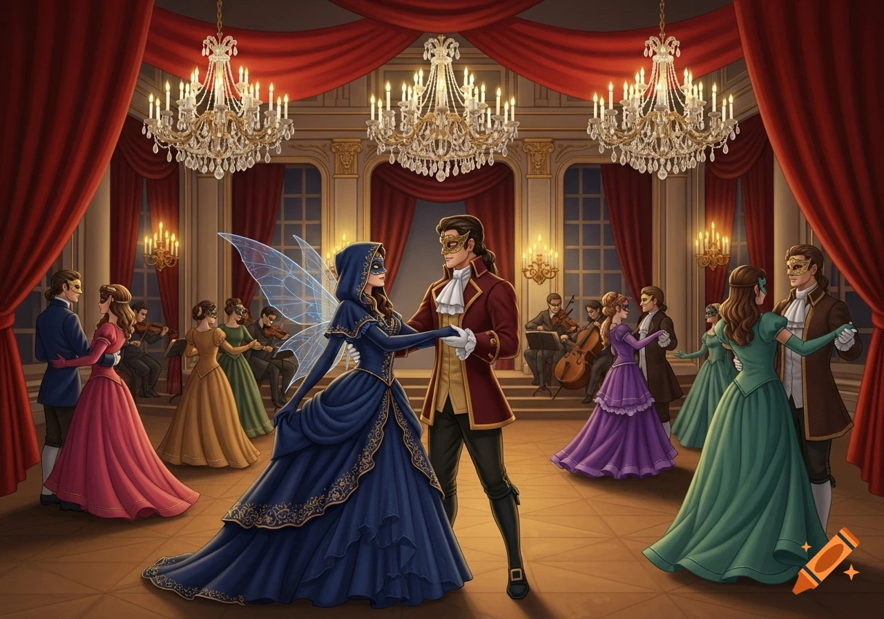 A fairy with translucent wings dances with a prince at a masquerade ball in a grand ballroom with chandeliers.
