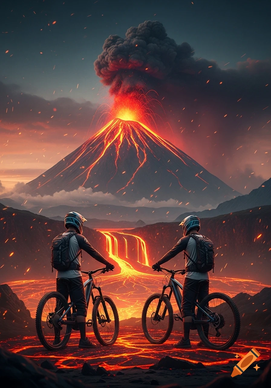 Two mountain bikers stand with their bikes, facing an erupting volcano with glowing lava rivers in a fiery landscape.