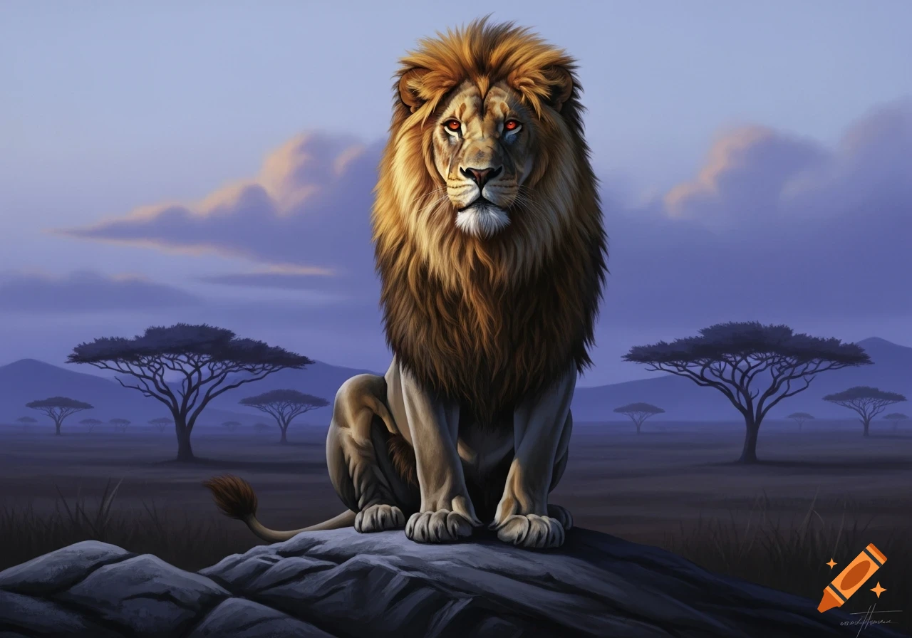 A majestic lion with red eyes sits on a rock in a savanna landscape at dusk.