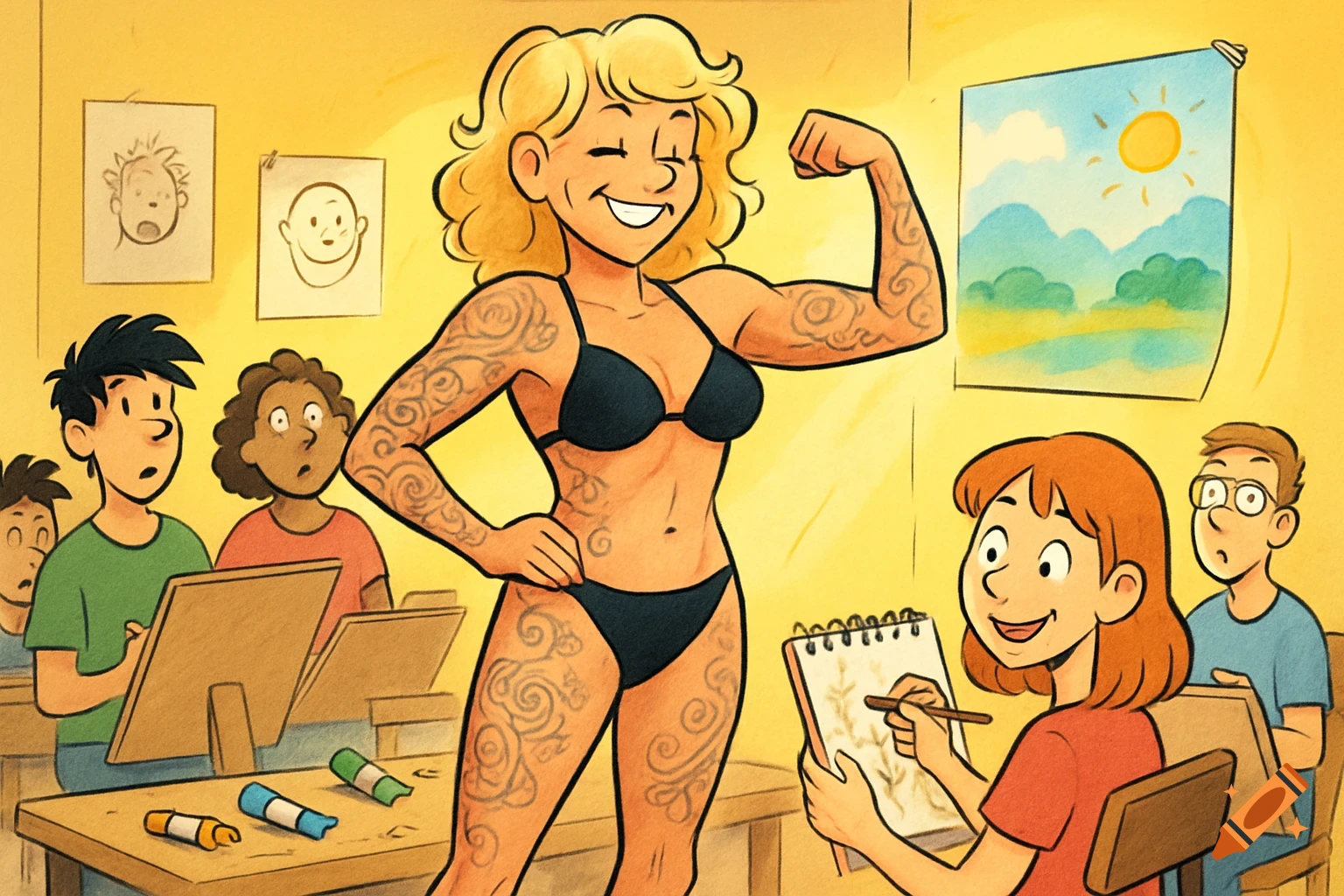 A smiling, muscular, tattooed woman in a black bikini flexes in front of students drawing her in an art class, cartoon style.
