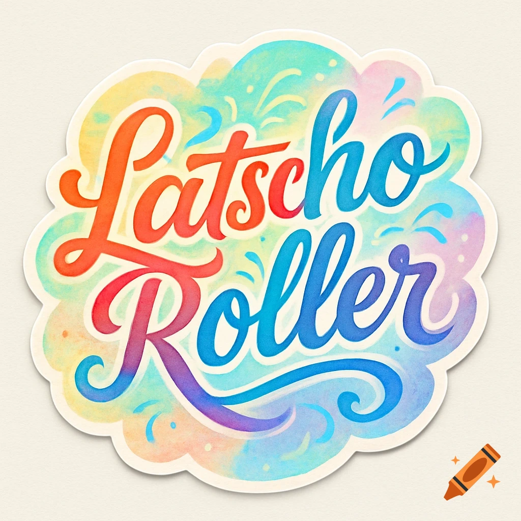 Colorful watercolor sticker with "Latscho Roller" in gradient script typography, outlined against a light background.