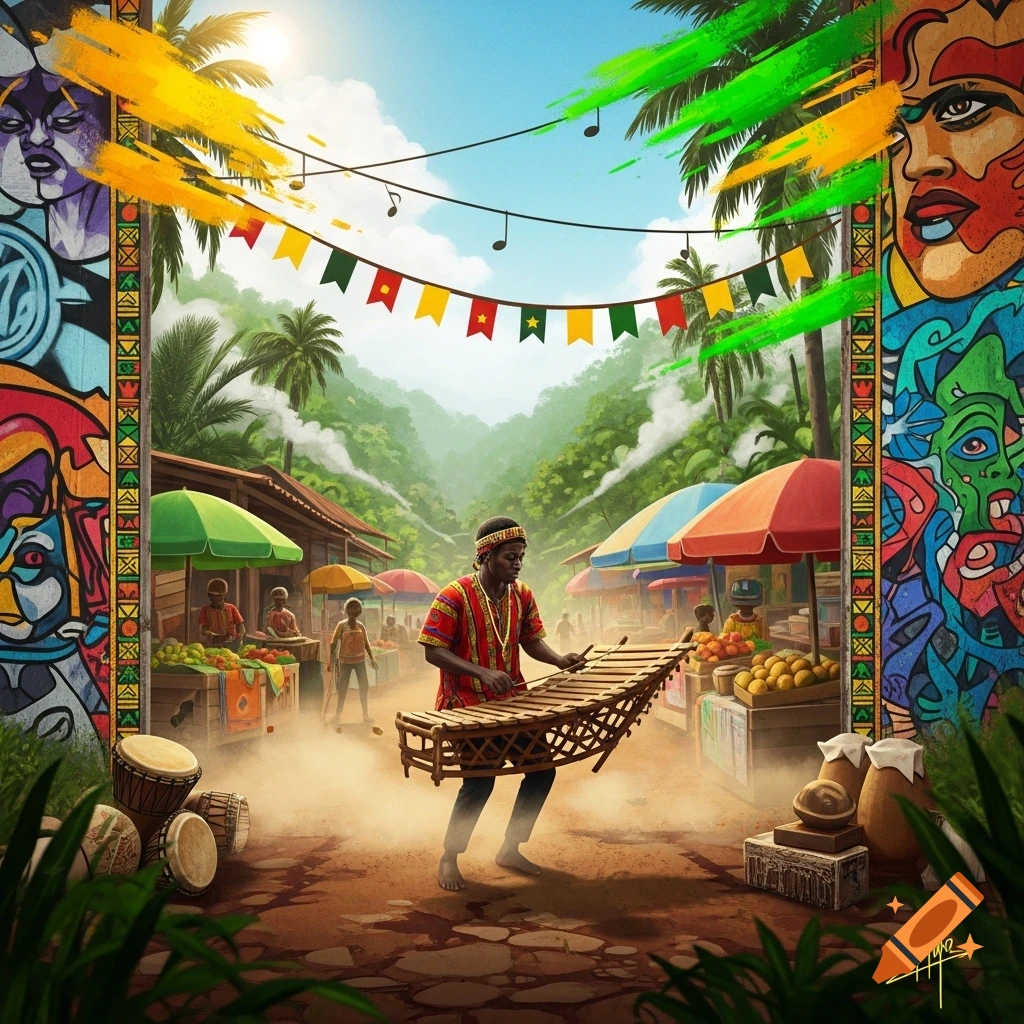 A vibrant illustration of a man playing a balafon in a bustling Cameroonian market, flanked by colorful, stylized murals, under a sunny sky with palm trees.