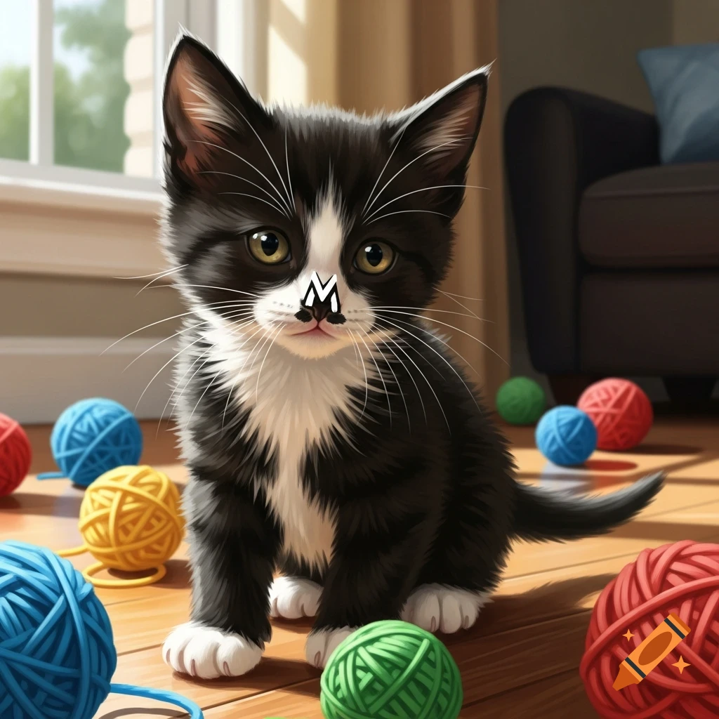 A cute black and white kitten with a white M on its nose sits on a wooden floor surrounded by colorful yarn balls.
