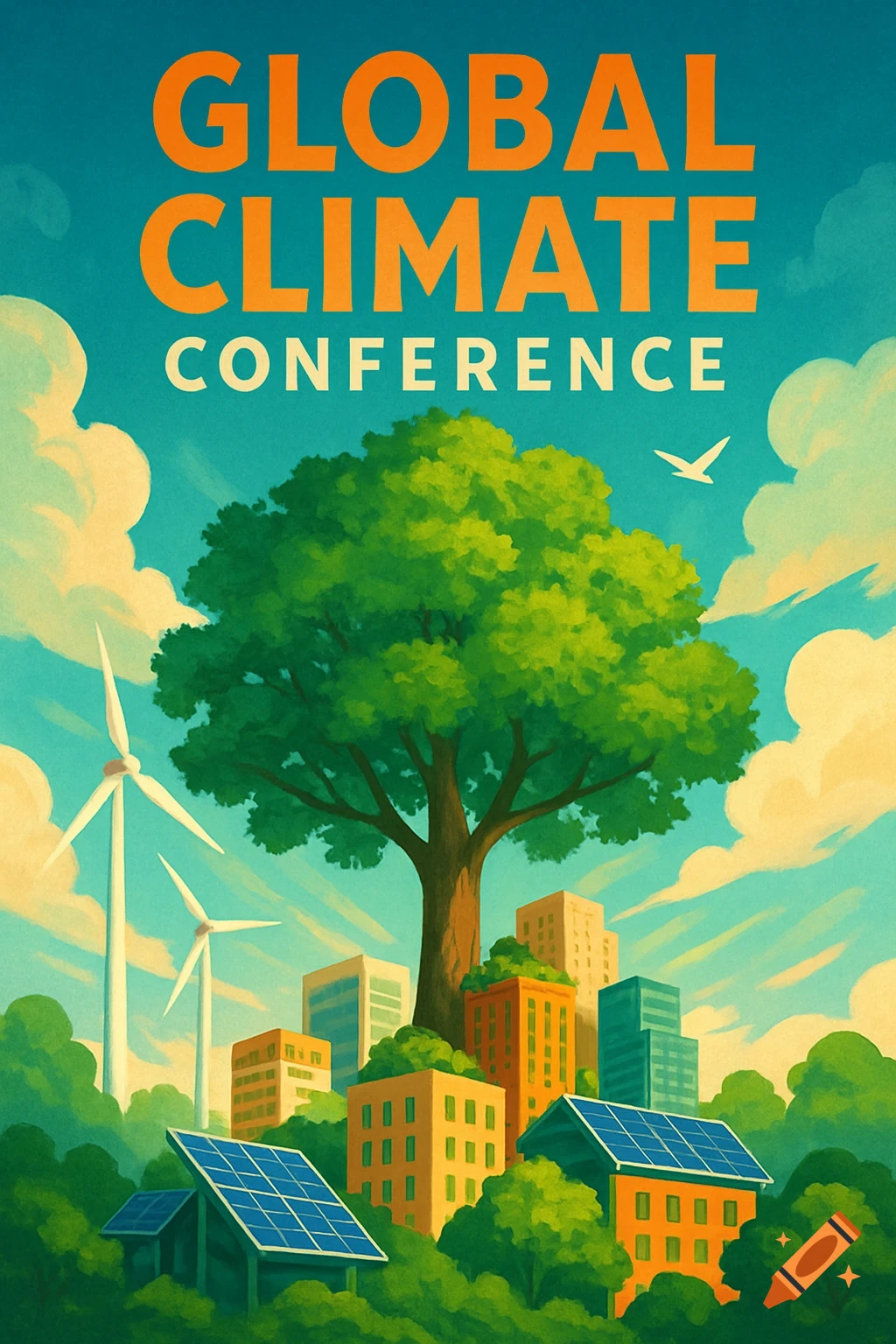 Stylized poster for a Global Climate Conference, featuring a large tree, wind turbines, buildings with solar panels, and text.