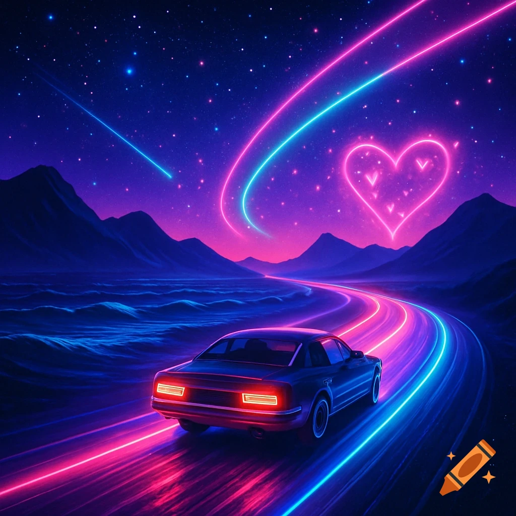 A car drives on a vibrant, neon-lit road through a synthwave landscape with mountains, a glowing ocean, and a heart in the starry sky.