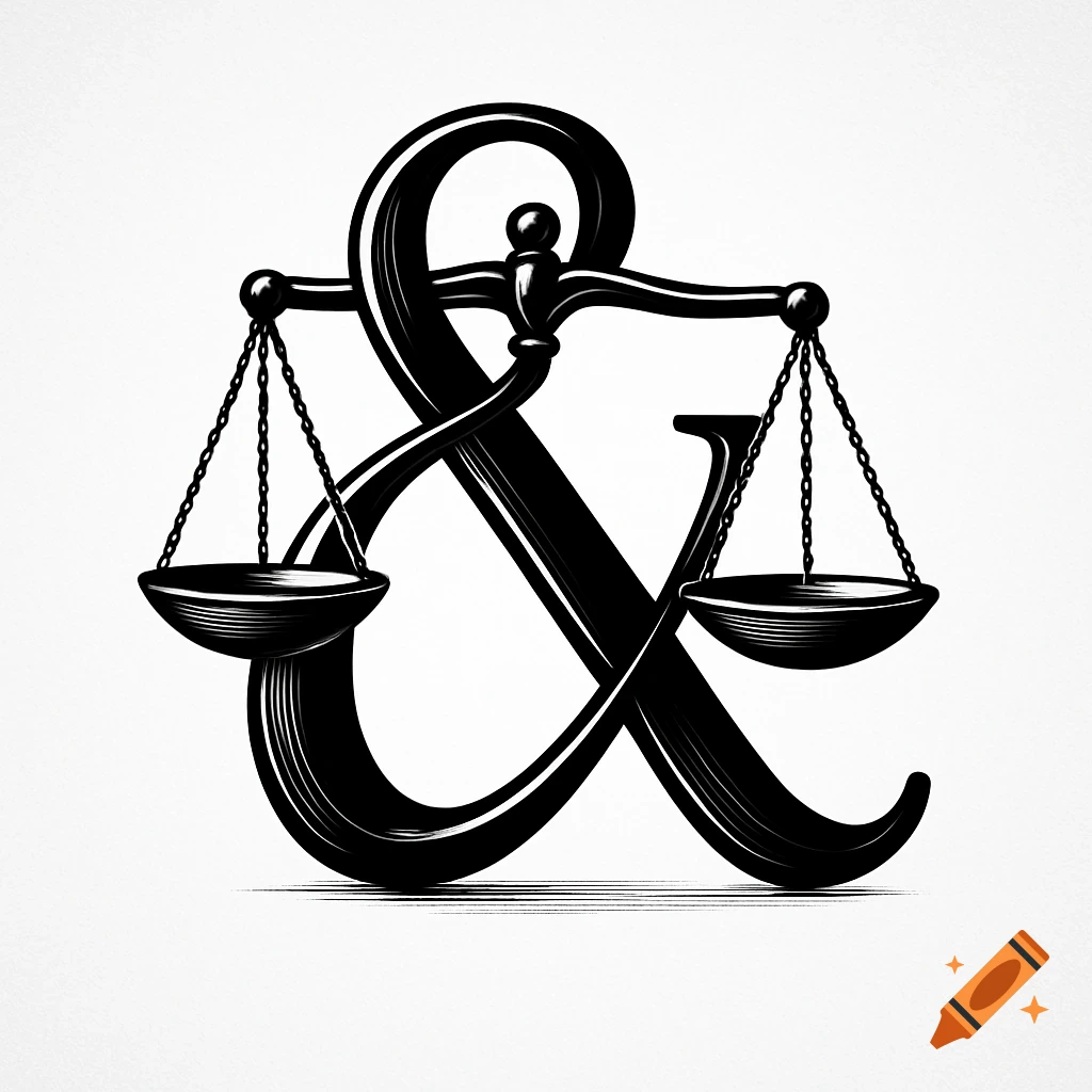 Black and white illustration of an ampersand intertwined with the scales of justice.