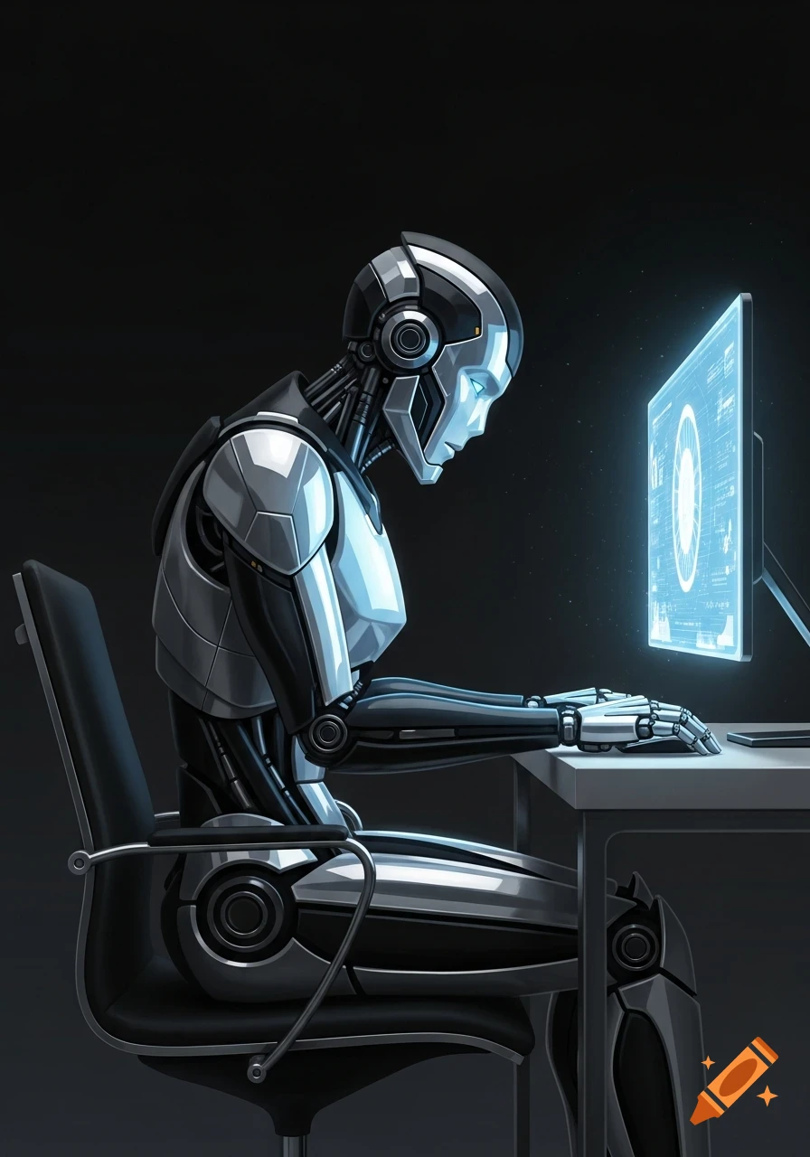 A humanoid robot with a metallic body sits at a desk, typing on a ...