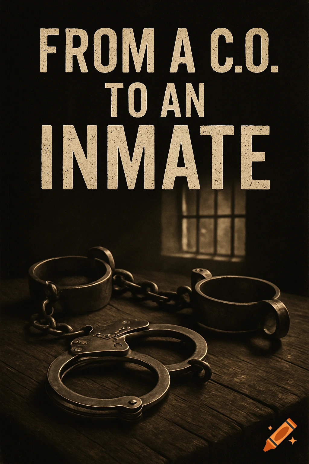 Book cover with handcuffs and leg shackles on a wooden table in front of a barred window. The title reads 'FROM A C.O. TO AN INMATE'.