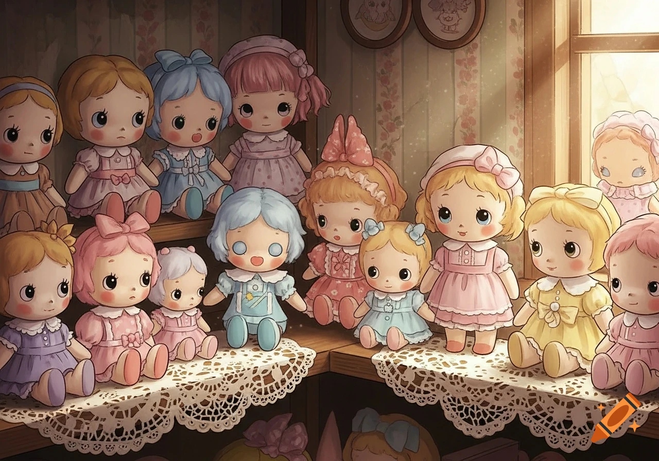 Many cute pastel vintage dolls with large eyes sit on lace-covered shelves.