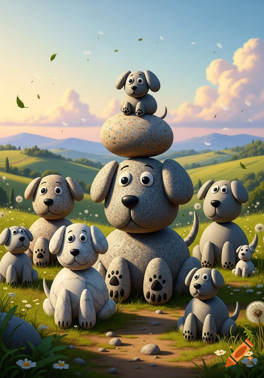 Cute rock dogs of various sizes sit in a grassy field with dandelions and hills in the background under a soft sky.