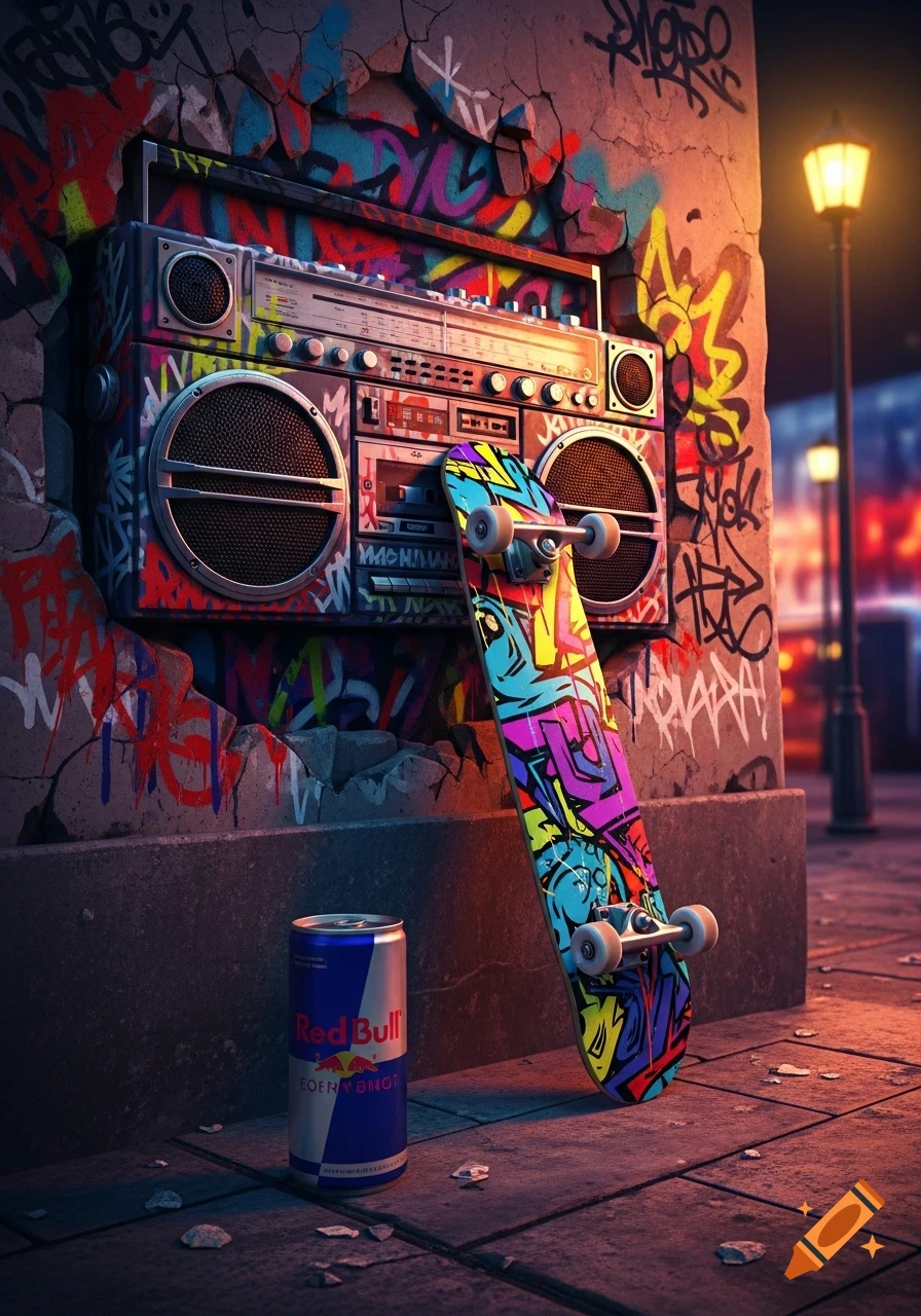 A vibrant urban scene features a boombox and a skateboard leaning against a colorful graffiti-covered wall, with a Red Bull can on the ground.