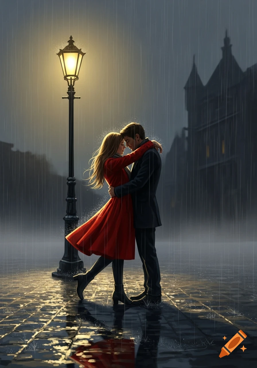A couple embraces tenderly in the rain under the warm glow of a streetlamp on a cobblestone street, in a romantic illustration.