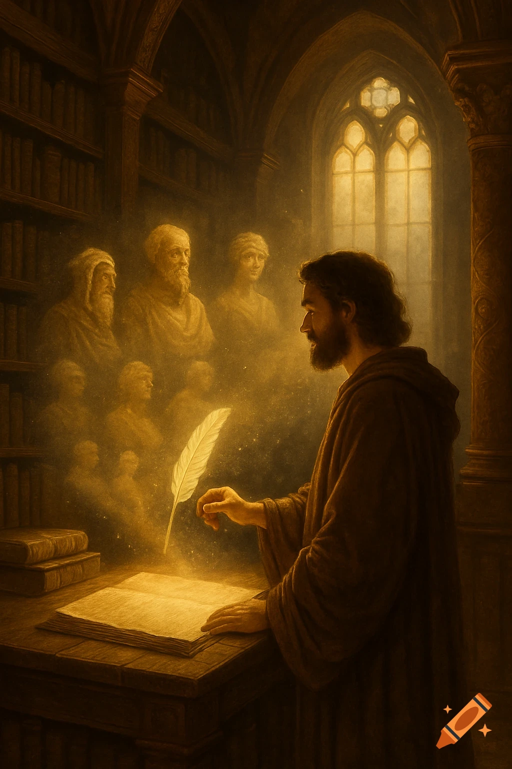 A cloaked man writes with a glowing quill at a desk in a dark, mystical library, surrounded by ghostly, ancient figures.