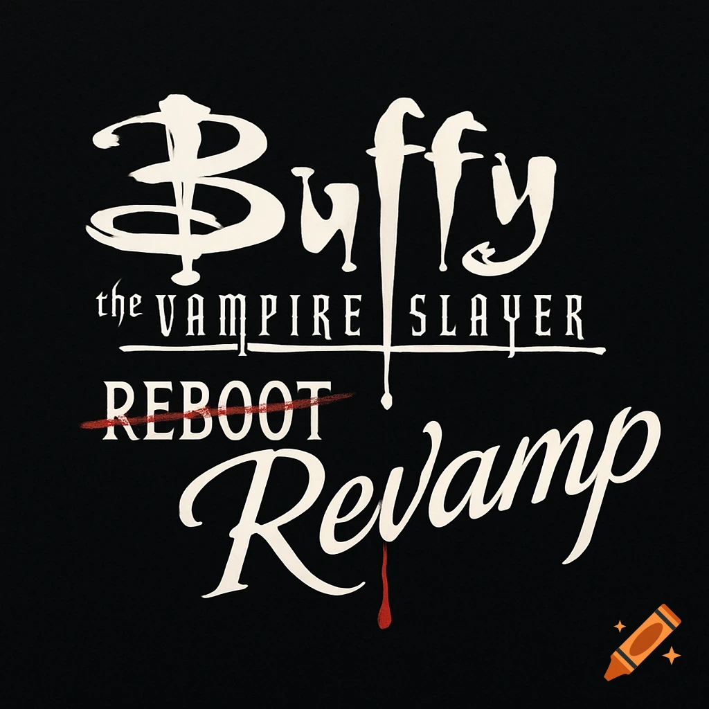 Logo on a black background reading 'Buffy the Vampire Slayer' in white, with 'REBOOT' crossed out in red and 'Revamp' below, blood dripping from the 'V'.