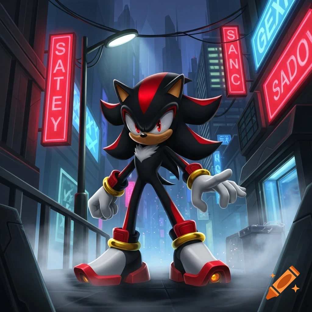 Shadow the Hedgehog stands in a dark, neon-lit city street at night, with buildings and signs in the background.