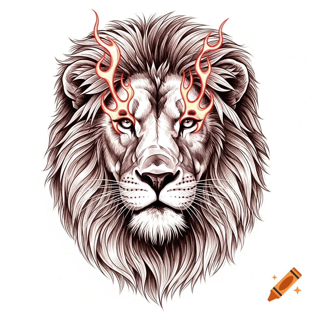 Detailed line art illustration of a lion's head with stylized red and orange flames rising above its eyes on a white background.
