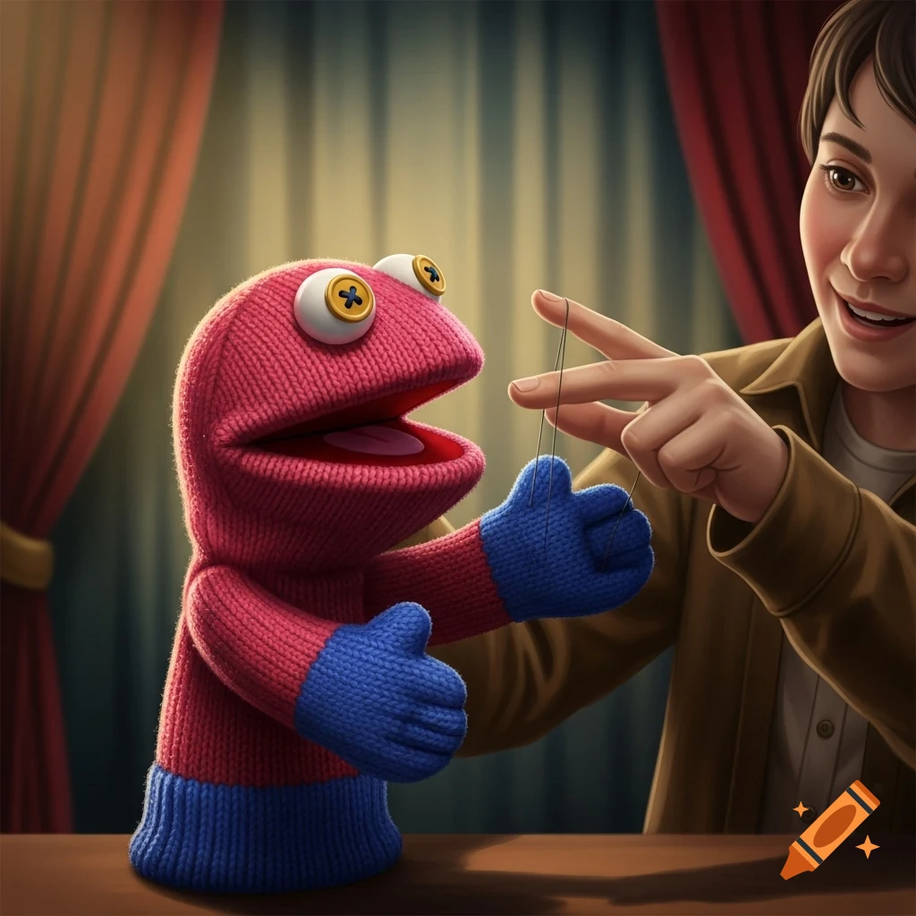Side view of a pink sock puppet with googly eyes and blue mittens, operated by a smiling puppeteer with strings, against a theatrical background.