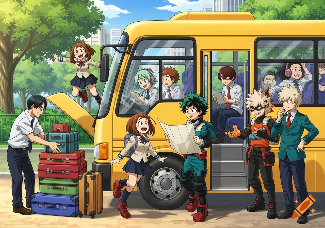 Anime students from My Hero Academia gather around a yellow school bus, with a teacher packing colorful suitcases.