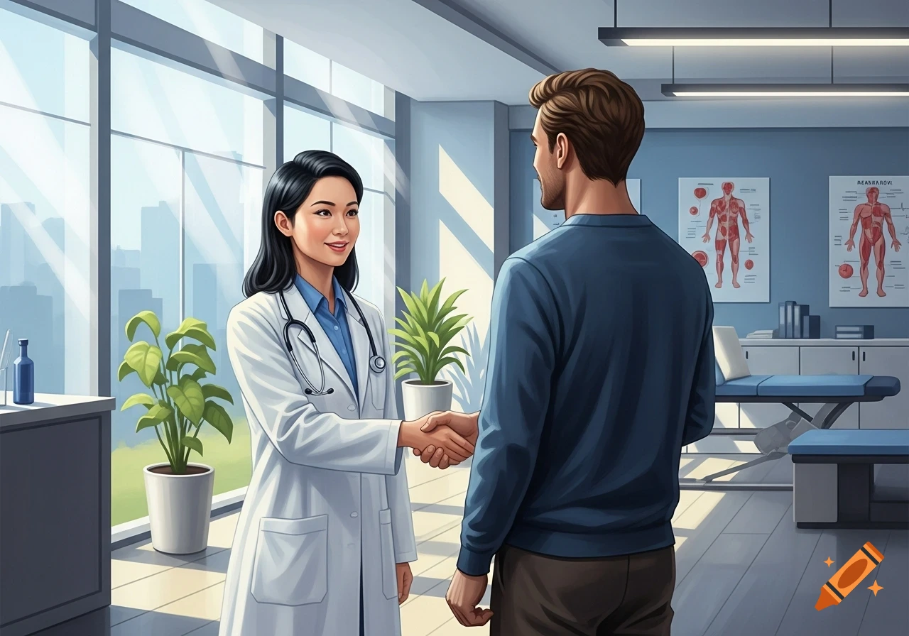 An Asian female doctor in a lab coat shakes hands with a male patient in a bright, modern clinic with large windows.