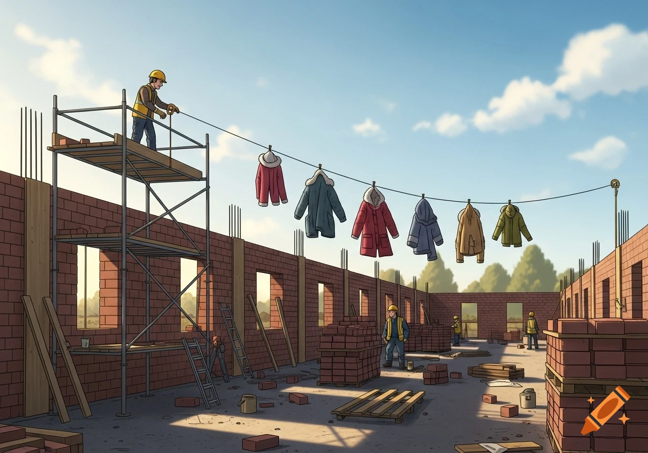Clipart of a construction site with a bricklayer on scaffolding, and several winter coats hanging from a line instead of a plumb bob weight.