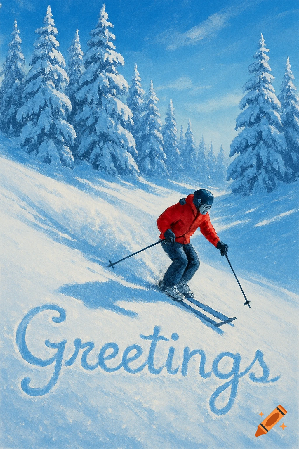 A skier in a red jacket descends a snowy slope with pine trees in the background, and 'Greetings' written in the snow.