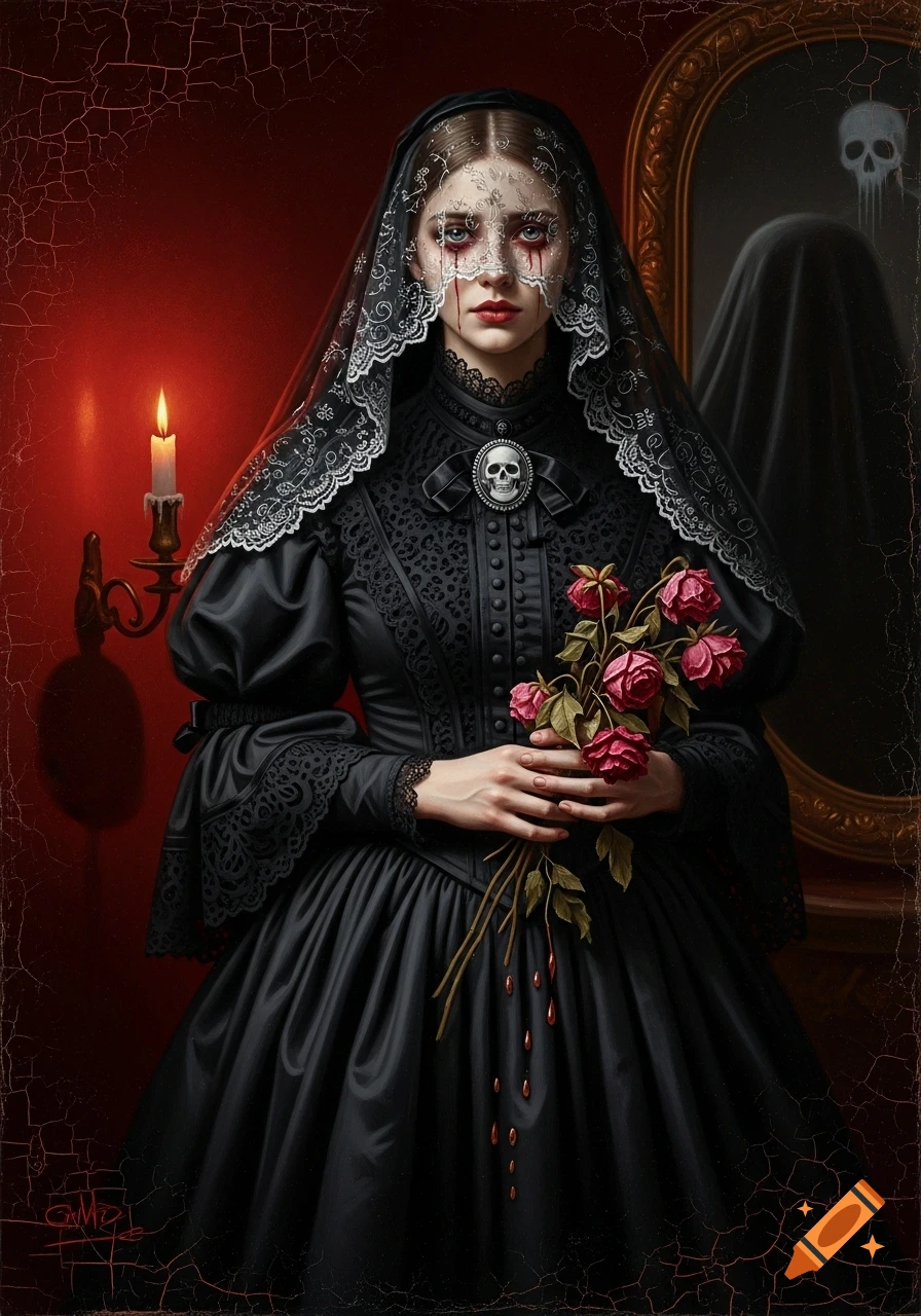 Victorian gothic oil painting portrait of a melancholic woman in a black mourning dress with a lace veil, holding roses that drip blood-like liquid. A ghostly apparition is visible in a mirror behind her.