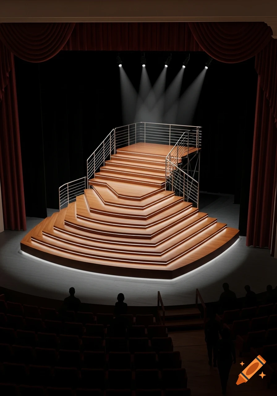 An empty theater stage features a multi-level wooden platform with integrated lighting and metal railings, under bright spotlights, viewed from a dimly lit audience section.