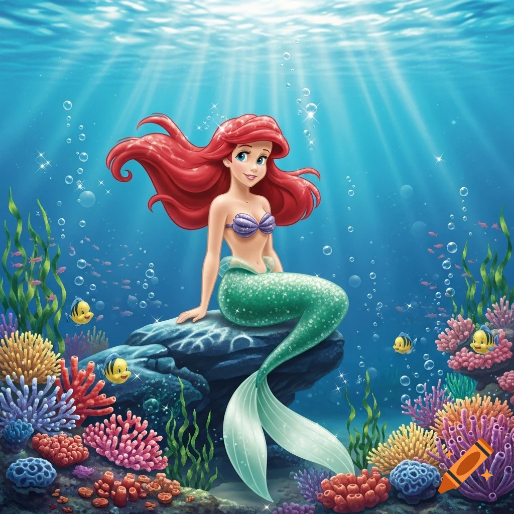 Disney's Ariel, a red-haired mermaid, sits on a rock in a vibrant underwater scene with colorful coral and fish.