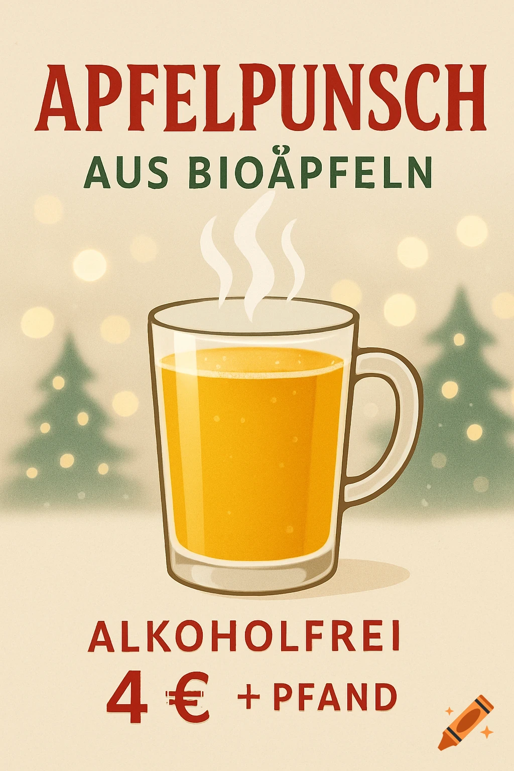 Illustrated vintage-style poster for apple punch, showing a steaming mug against a blurry background with Christmas trees. Text: 'Apfelpunsch aus Bioäpfeln, alkoholfrei, 4 € + Pfand'.