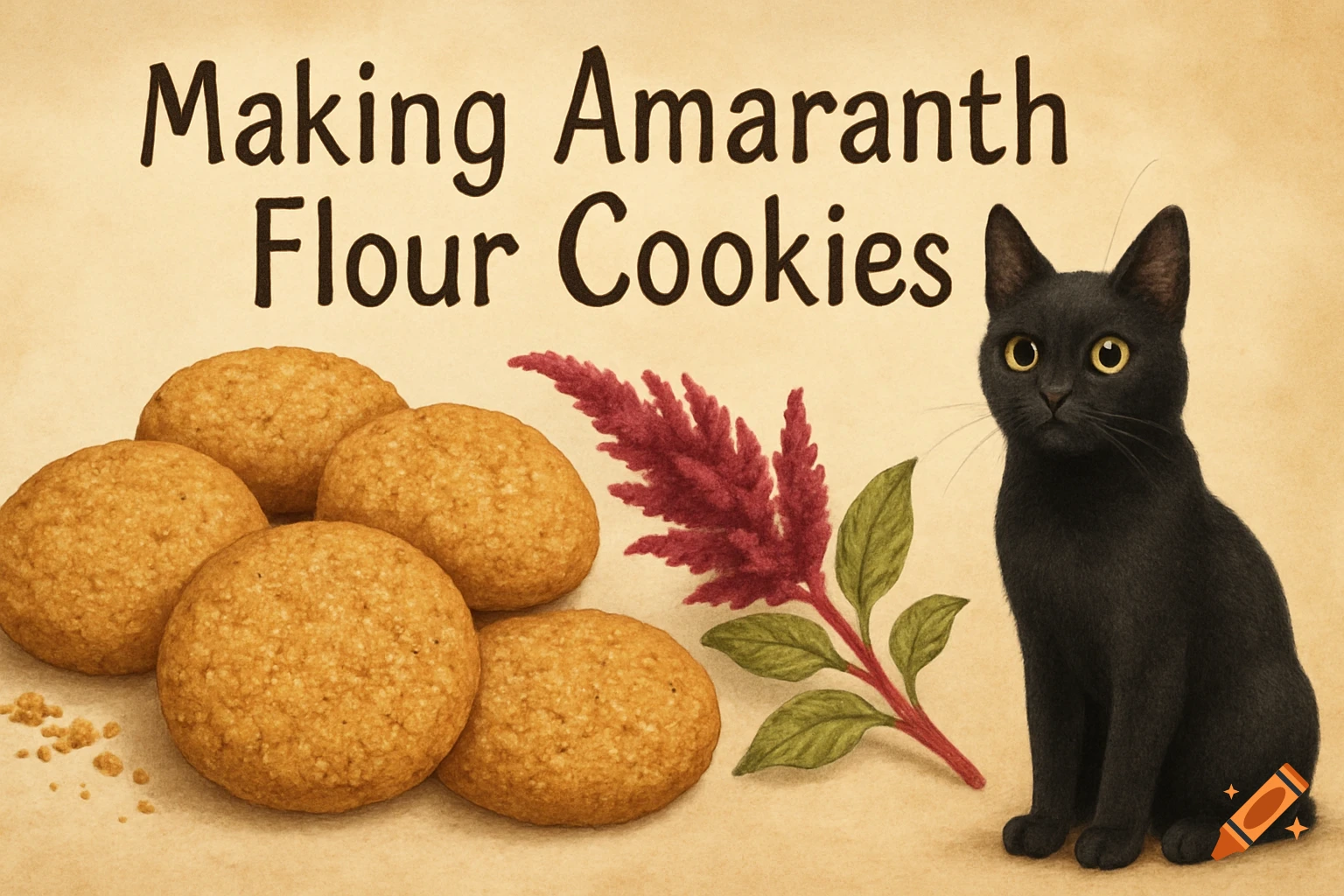 Illustration of 'Making Amaranth Flour Cookies' text above five round cookies, an amaranth plant sprig, and a black cat.