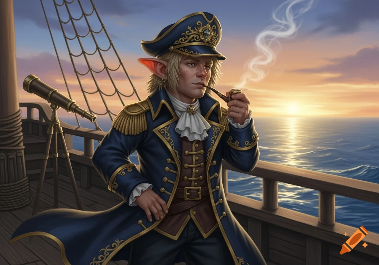 A fantasy captain with pointed ears and blond hair, wearing a blue coat and hat, smokes a pipe on a ship at sunset.