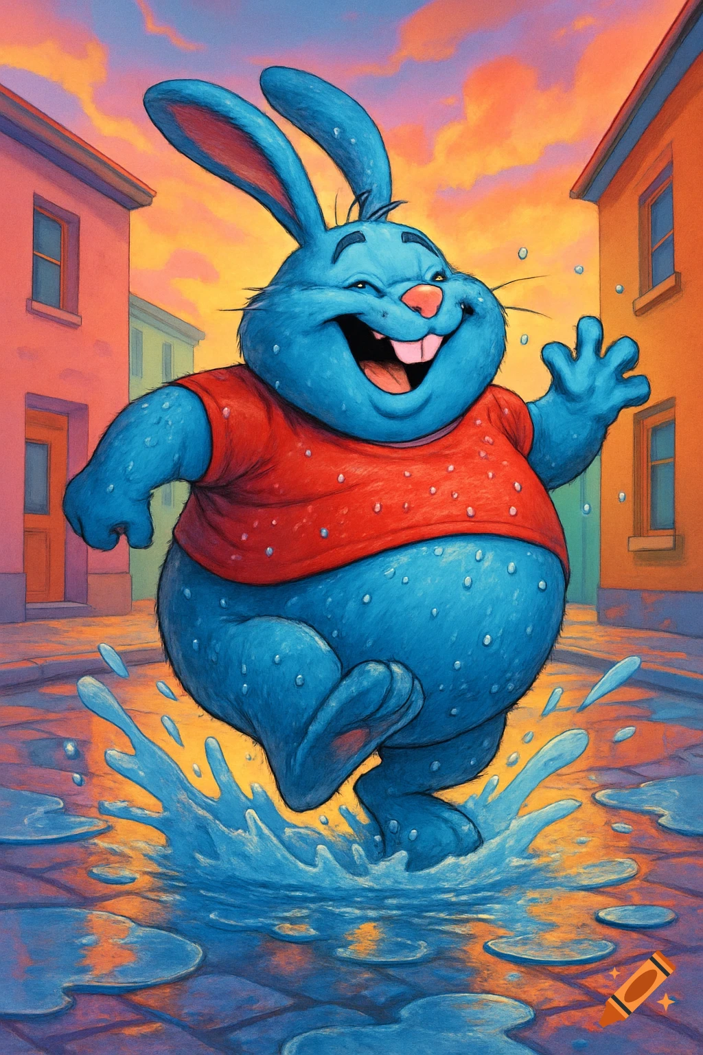 A happy, obese blue cartoon rabbit in a red t-shirt splashes in puddles on a street at sunset.