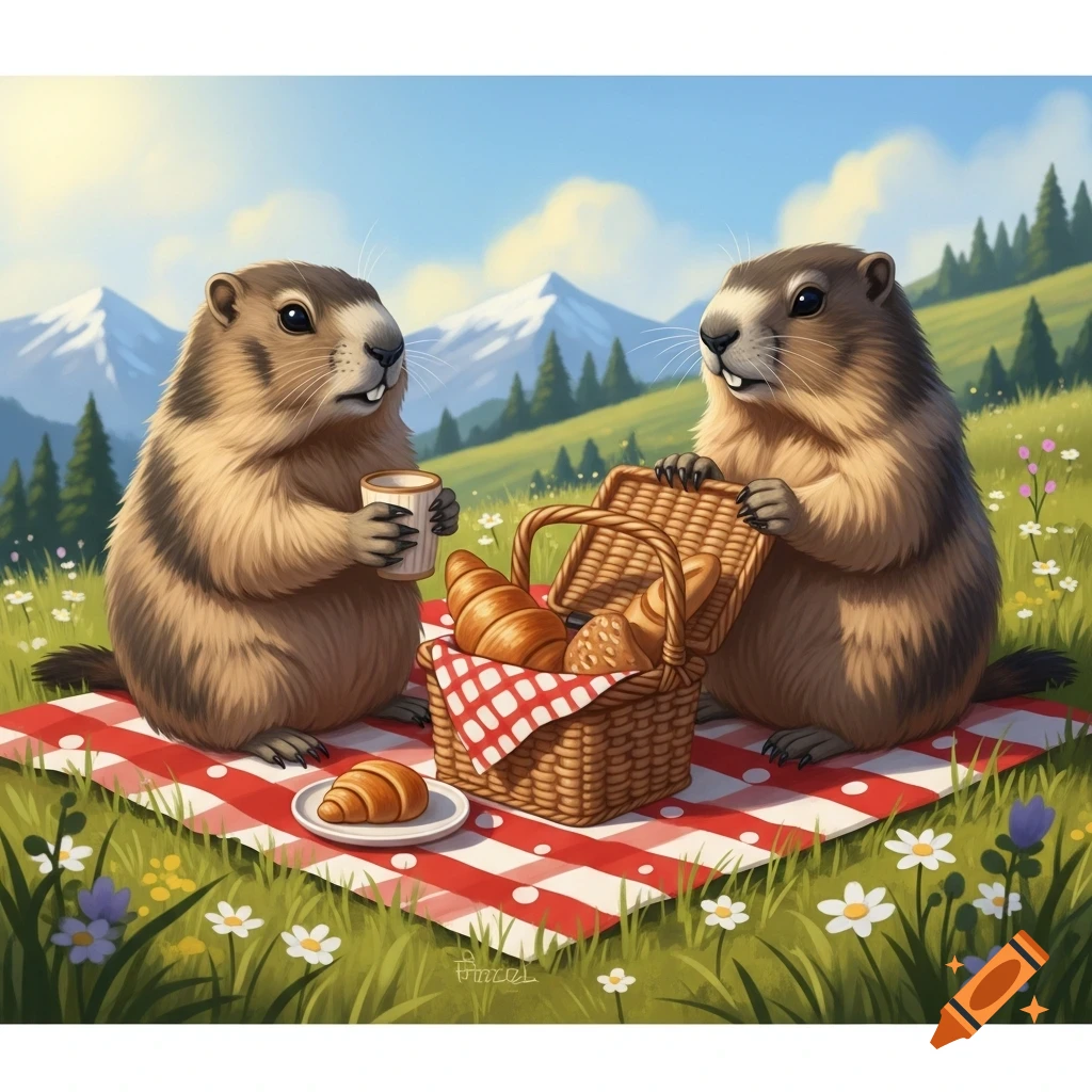 Two marmots enjoy a picnic on a red and white checkered blanket with croissants and a wicker basket in a grassy mountain field.