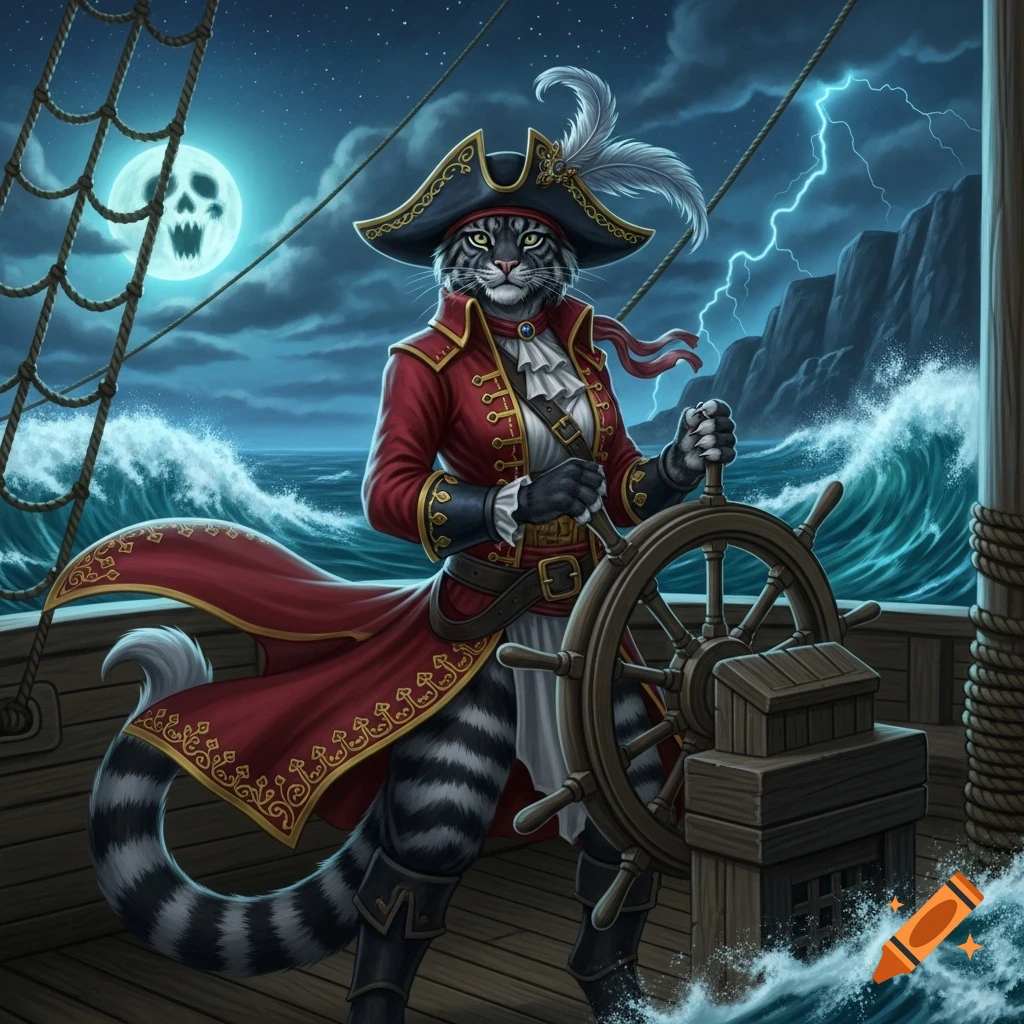 A gray striped anthropomorphic cat pirate in a red coat steers a ship in a stormy sea under a full moon.