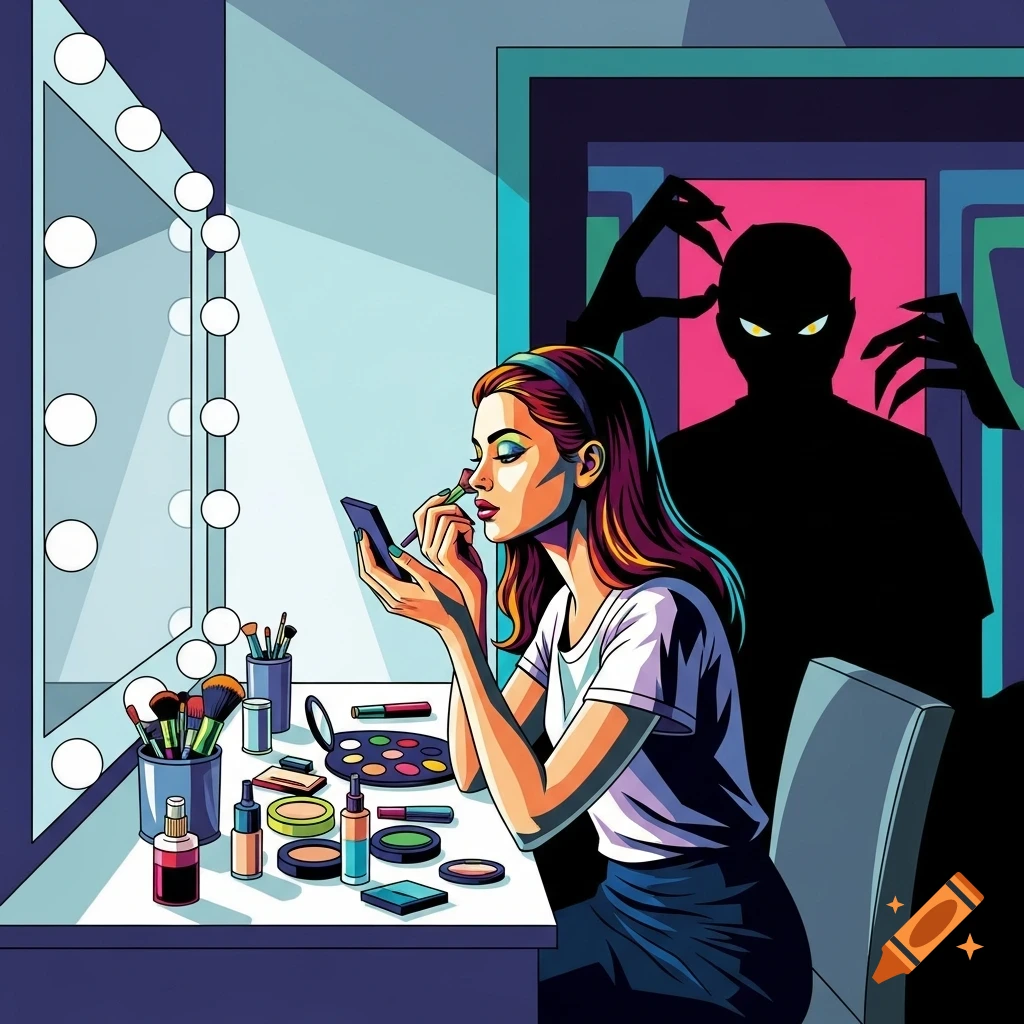 Pop art illustration of a woman doing makeup at a vanity mirror, unaware of a shadowy, menacing figure with glowing eyes behind her.