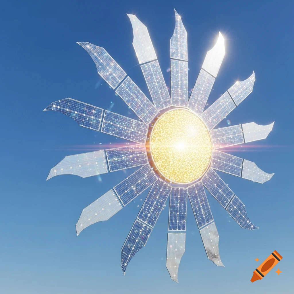 A stylized sun with photovoltaic solar panels forming its rays against a clear blue sky.