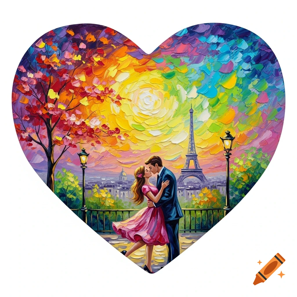 Vibrant impasto painting in a heart shape shows a couple kissing in Paris with the Eiffel Tower and a colorful sky.