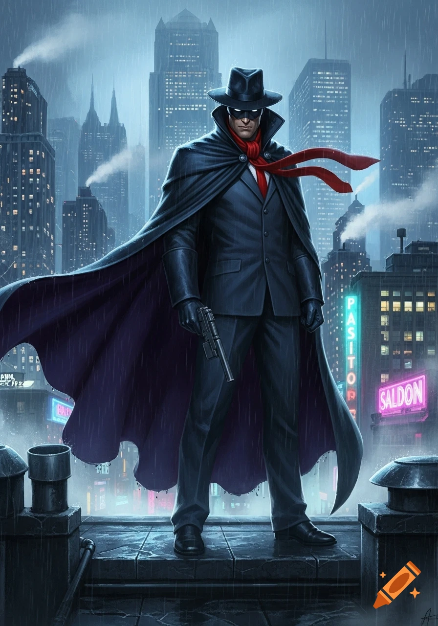 A masked pulp hero in a black fedora, suit, and flowing cape stands on a rainy city rooftop at night, holding a pistol.