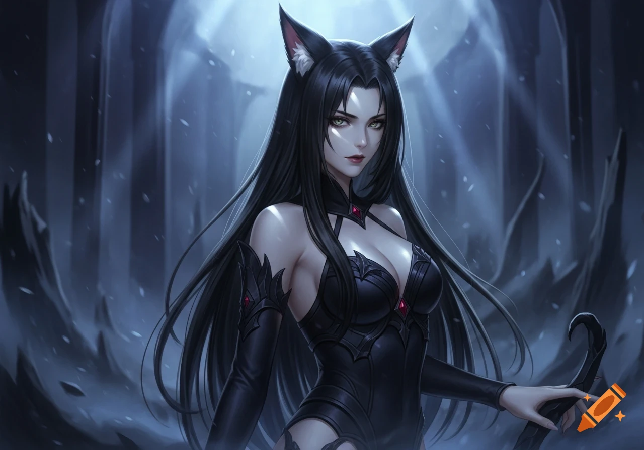 An anime catgirl with long black hair, green eyes, and a dark outfit, holding a staff in a moonlit fantasy forest.