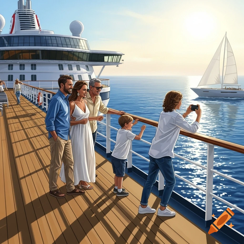 Illustrated family on a cruise ship deck at sunset, watching a sailboat on the ocean.
