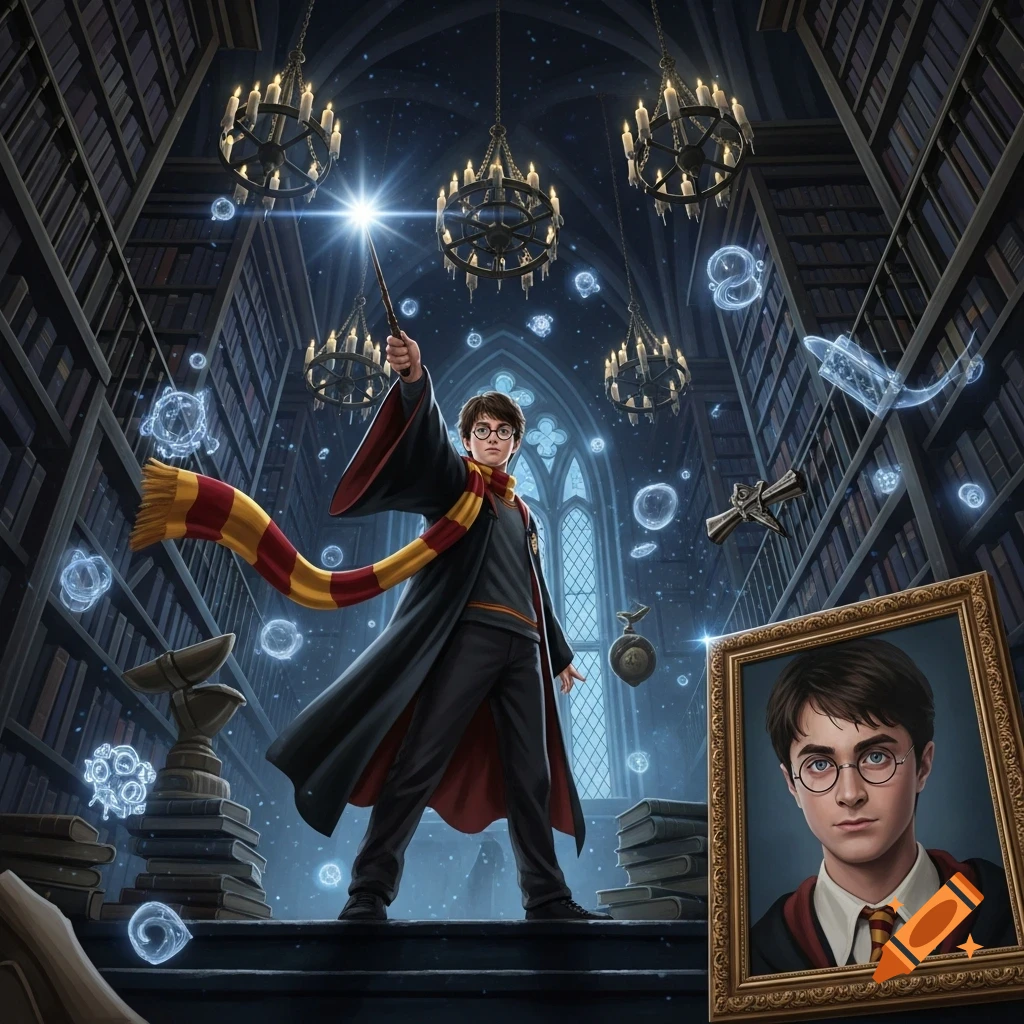 Harry Potter stands in a magical library, wielding a glowing wand, surrounded by floating magic and a framed portrait of himself.