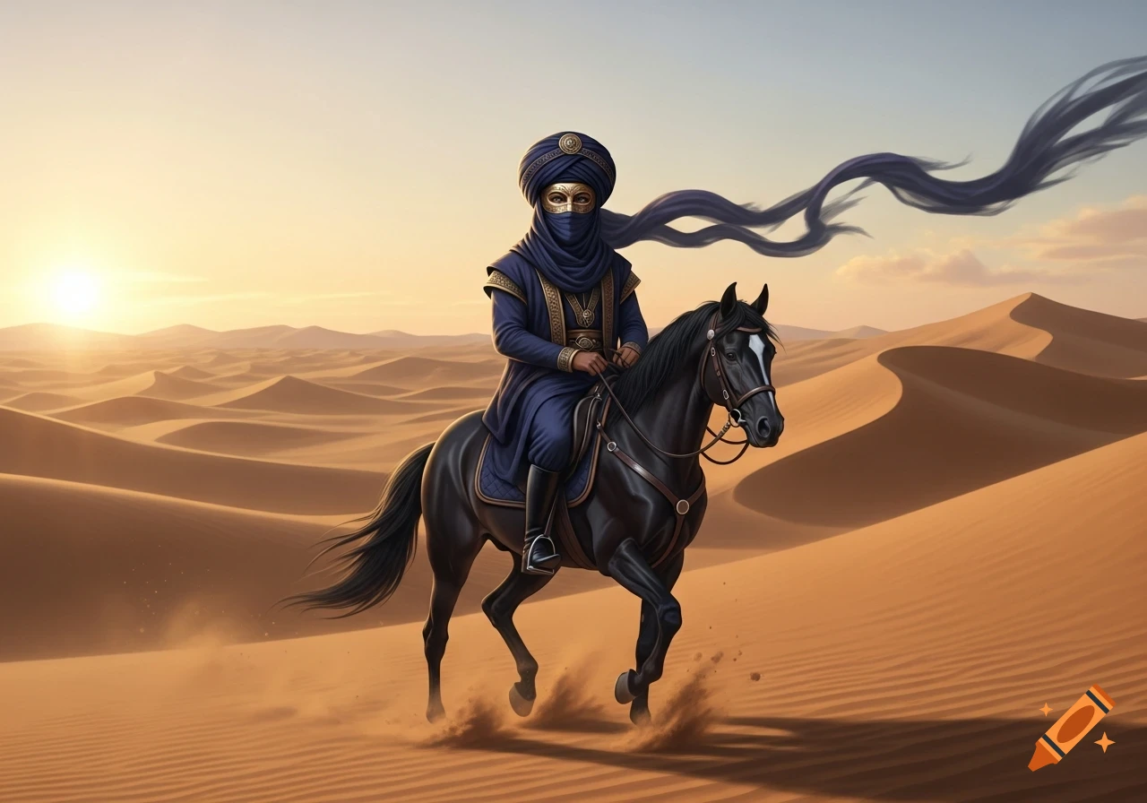 A masked man in a blue turban and robe rides a black horse through golden desert dunes at sunset.