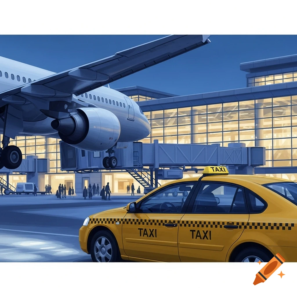A yellow taxi parked at an airport tarmac with a large airplane and a lighted terminal building at dusk.