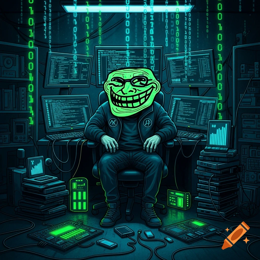 A neon green Troll face wearing glasses on a person in a dark hacker room, surrounded by multiple glowing computer screens displaying binary code.