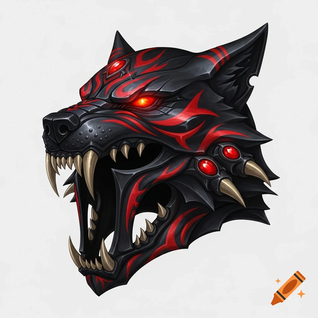 A semi-realistic illustration of an aggressive black and red wolf-themed helmet with glowing ruby eyes, tribal marks, and metallic textures.