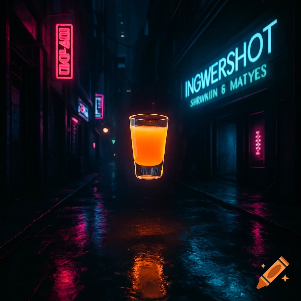 A glowing orange shot glass floats in a dark, wet cyberpunk alley with neon signs reflecting on the ground.