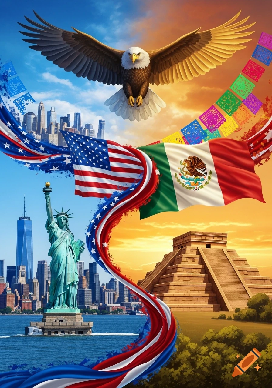 Vibrant illustration combining US and Mexican symbols: flags, bald eagle, Statue of Liberty, Mayan pyramid, and cityscapes.