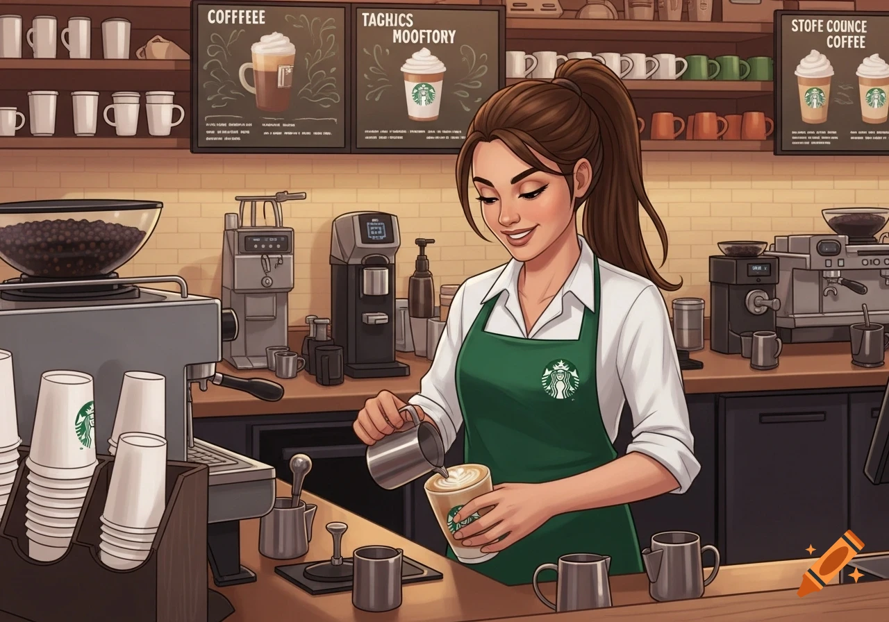 A smiling female barista in a green apron pours a drink at a Starbucks counter, with coffee machines and menu boards in the background.