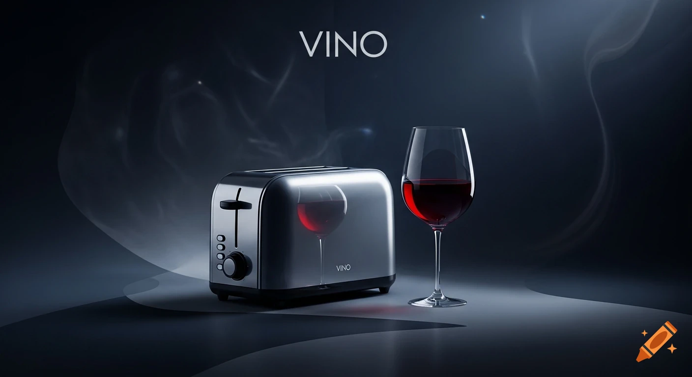 A silver toaster next to a wine glass filled with red wine, on a dark, smoky background with the text 'VINO'.